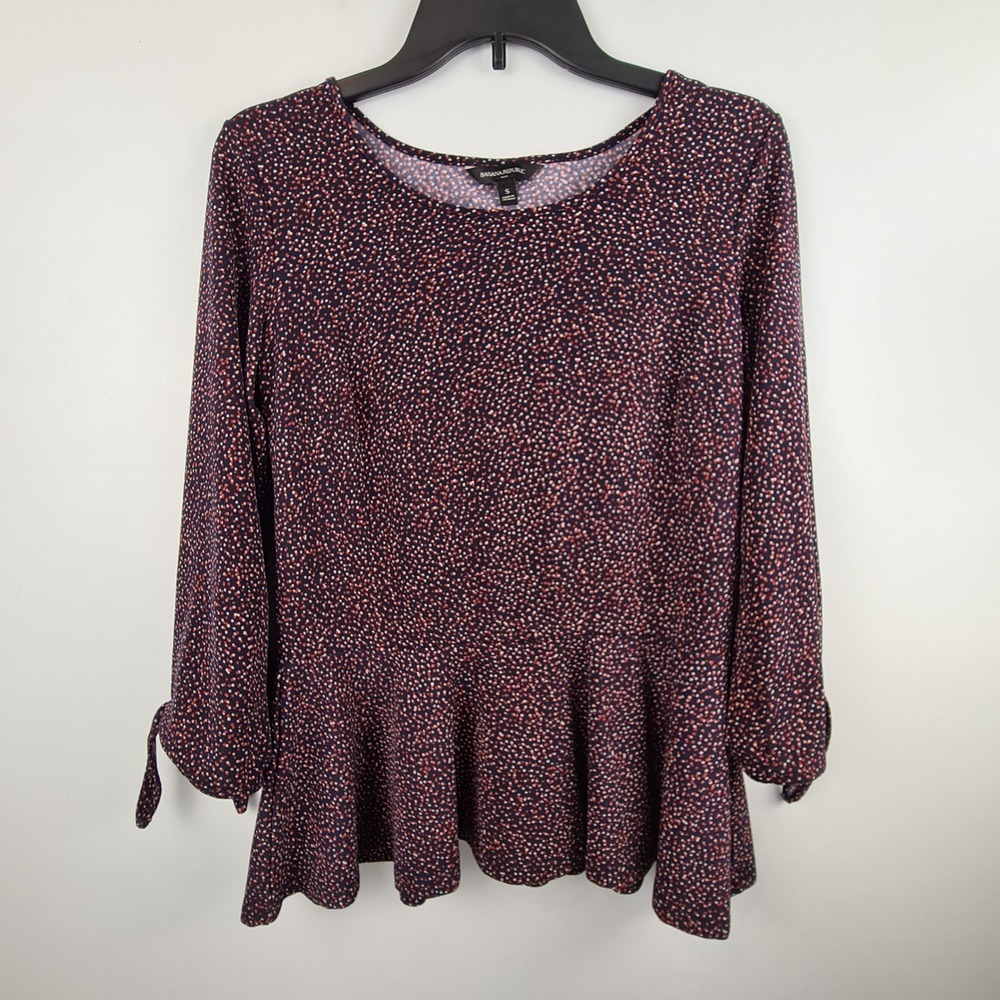 Banana Republic Women Small Navy Blue Red Speckled Peplum Top Tie Sleeve Blouse